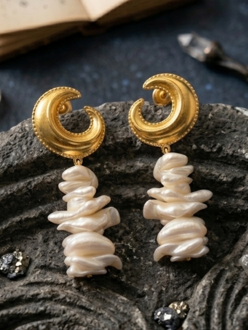 Crescent Moon Baroque Pearl Drop Earrings 18K Gold Plated Celestial Boho